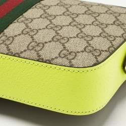 Pre Owned Gucci Neon Green/Beie GG Supreme Canvas and Leather Ophidia Crossbody Bag