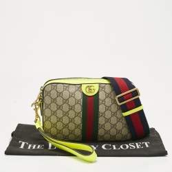 Pre Owned Gucci Neon Green/Beie GG Supreme Canvas and Leather Ophidia Crossbody Bag