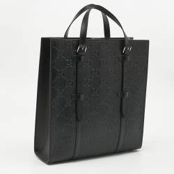 Pre Owned Gucci Black GG Embossed Leather Medium Tote
