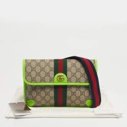 Pre Owned Gucci Neon Green/Beige GG Supreme Canvas and Leather Ophidia Belt Bag