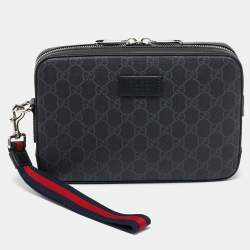 Pre Owned Gucci Black GG Supreme Canvas and Leather Wristlet Pouch