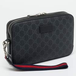 Pre Owned Gucci Black GG Supreme Canvas and Leather Wristlet Pouch