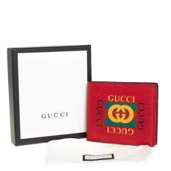 Pre Owned Gucci Red Leather Logo Bifold Wallet
