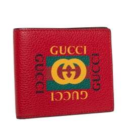Pre Owned Gucci Red Leather Logo Bifold Wallet