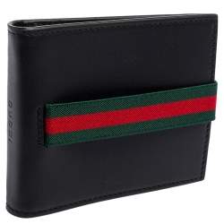 Pre Owned Gucci Black Leather Web Money Clip Bifold Wallet