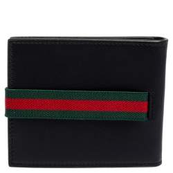 Pre Owned Gucci Black Leather Web Money Clip Bifold Wallet