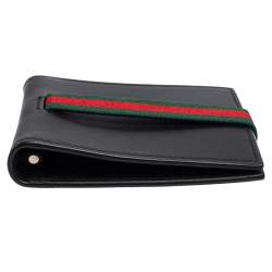 Pre Owned Gucci Black Leather Web Money Clip Bifold Wallet