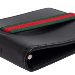 Pre Owned Gucci Black Leather Web Money Clip Bifold Wallet