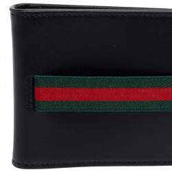 Pre Owned Gucci Black Leather Web Money Clip Bifold Wallet