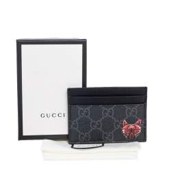 Pre Owned Gucci Black/Grey GG Supreme Canvas and Leather Wolf Printed Card Case