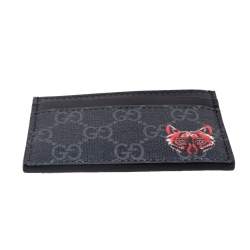 Pre Owned Gucci Black/Grey GG Supreme Canvas and Leather Wolf Printed Card Case
