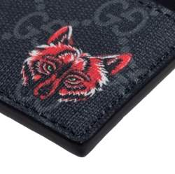 Pre Owned Gucci Black/Grey GG Supreme Canvas and Leather Wolf Printed Card Case