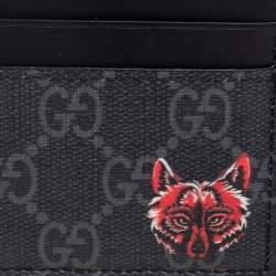 Pre Owned Gucci Black/Grey GG Supreme Canvas and Leather Wolf Printed Card Case