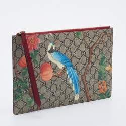 Gucci Beige/Red GG Supreme Canvas And Leather Large Tian Zip Pouch