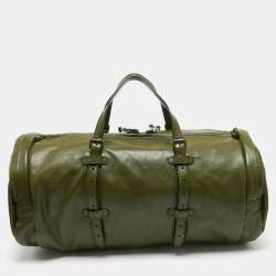 Pre Owned Gucci Green Leather Large Tonal Double G Duffle Bag