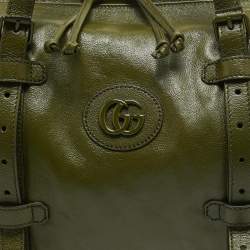 Pre Owned Gucci Green Leather Large Tonal Double G Duffle Bag