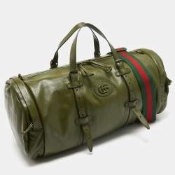 Pre Owned Gucci Green Leather Large Tonal Double G Duffle Bag