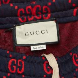Pre Owned Gucci Navy Blue/Red GG Web Jacquard Knit Joggers S