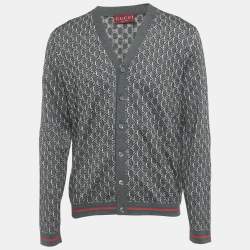 Pre Owned Gucci Grey /Black GG Intarsia Wool Blend Cardigan M