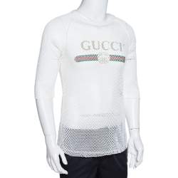 Gucci White Logo Print Cotton Mesh Raglan Sleeve T-Shirt XL