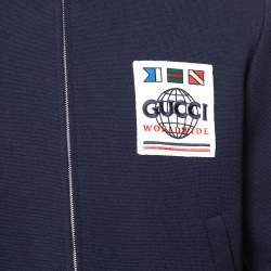 مملوكة مسبقًا جاكيت غوتشي "بومبر" مزين رقعة شعار الماركة صوف أزرق كحلي مقاس كبير جداً (اكس لارج)