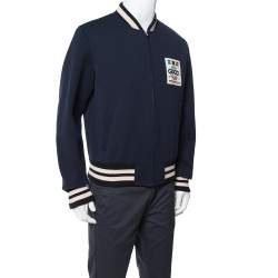 مملوكة مسبقًا جاكيت غوتشي "بومبر" مزين رقعة شعار الماركة صوف أزرق كحلي مقاس كبير جداً (اكس لارج)