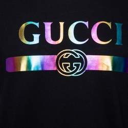 Pre Owned Gucci Black Logo Printed Cotton Oversized Crewneck T-Shirt XS