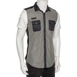 مملوكة مسبقًا قميص غوتشي سكيني فيت قطن وشبك ثلاثي اللون تفاصيل ياقة بسحاب بأكمام قصيرة متوسط - ميديوم (مقاس أوروبي 40)