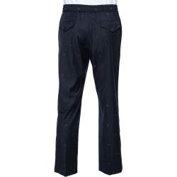 Gucci Navy Blue Wool Contrast Trim & Bees Detailed Gabardine Pants M