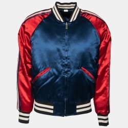 Gucci Blue & Red Satin & Knit Logo Trimmed Reversible Bomber Jacket M