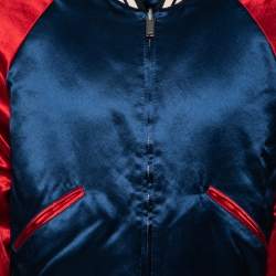 Gucci Blue & Red Satin & Knit Logo Trimmed Reversible Bomber Jacket M