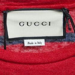 Pre Owned Gucci Red/Blue Striped Logo Print Linen Blend Half Sleeve T-Shirt S