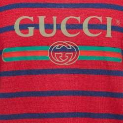 Pre Owned Gucci Red/Blue Striped Logo Print Linen Blend Half Sleeve T-Shirt S