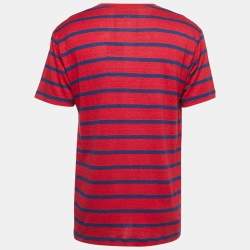Pre Owned Gucci Red/Blue Striped Logo Print Linen Blend Half Sleeve T-Shirt S