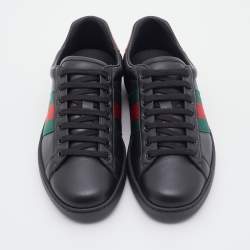 Pre Owned Gucci Black Leather Ace Web Low Top Sneakers Size 40