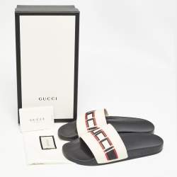 Pre Owned Gucci Cream Rubber Gucci Logo Slide Sandals Size 41
