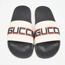 Pre Owned Gucci Cream Rubber Gucci Logo Slide Sandals Size 41