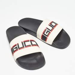 Pre Owned Gucci Cream Rubber Gucci Logo Slide Sandals Size 41
