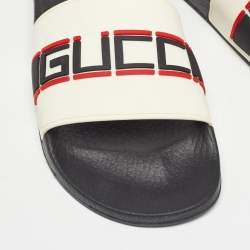 Pre Owned Gucci Cream Rubber Gucci Logo Slide Sandals Size 41