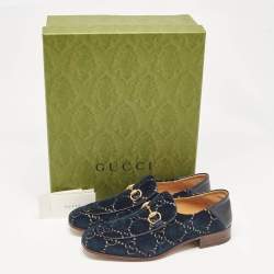 Pre Owned Gucci Green GG Velvet and Leather Horsebit Slip On Loafers 42.5