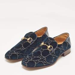 Pre Owned Gucci Green GG Velvet and Leather Horsebit Slip On Loafers 42.5