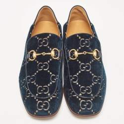 Pre Owned Gucci Green GG Velvet and Leather Horsebit Slip On Loafers 42.5