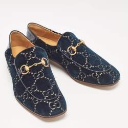 Pre Owned Gucci Green GG Velvet and Leather Horsebit Slip On Loafers 42.5