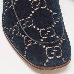 Pre Owned Gucci Green GG Velvet and Leather Horsebit Slip On Loafers 42.5