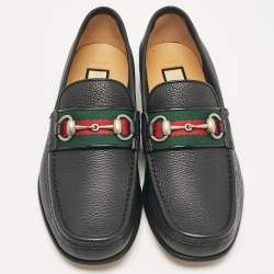 Gucci Black Leather Web Horsebit Loafers Size 40