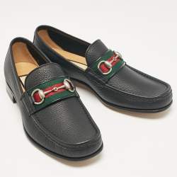 Gucci Black Leather Web Horsebit Loafers Size 40