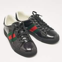 Pre Owned Gucci Black Patent and Leather Ace Lace Up Sneakers Size 41