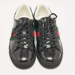 Pre Owned Gucci Black Patent and Leather Ace Lace Up Sneakers Size 41