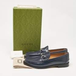 Pre Owned Gucci Dark Blue Leather Horsebit Loafers Size 48