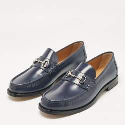 Pre Owned Gucci Dark Blue Leather Horsebit Loafers Size 48